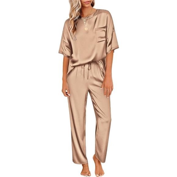 Womens Satin Silky Pajama Set Short Sleeve Shirt with Long Pajama Khaki - Picture 1 of 6